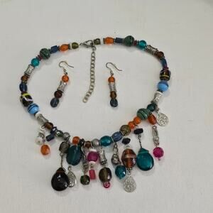 Treska Multi Colored Beaded Fringe CHARM Choker Necklace and‎ Earrings New